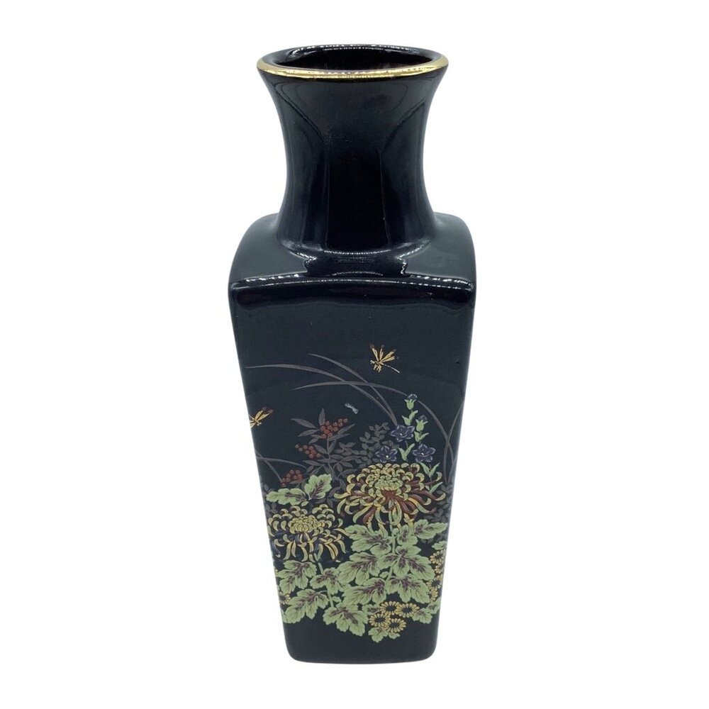 Vintage Imperial Dynasty by MANN Black Porcelain Vase Gold Trim Floral Design 7"